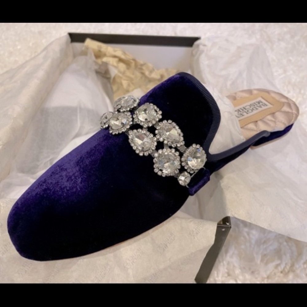 Badgley Mischka Velvet Jeweled Backless Loafers in Deep Purple